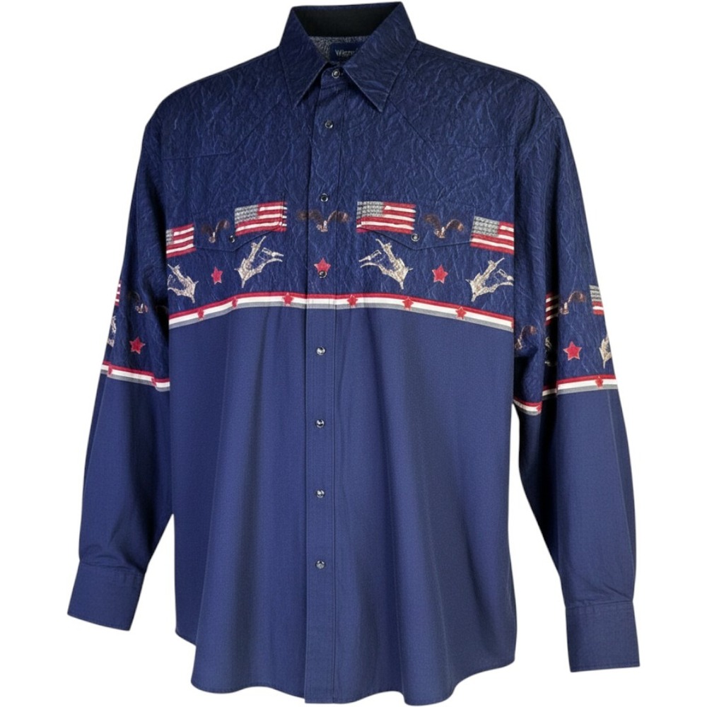 Wrangler Western Shirt Mens 2XT Blue Patriotic Eagle Flag Cotton Pearl Snap